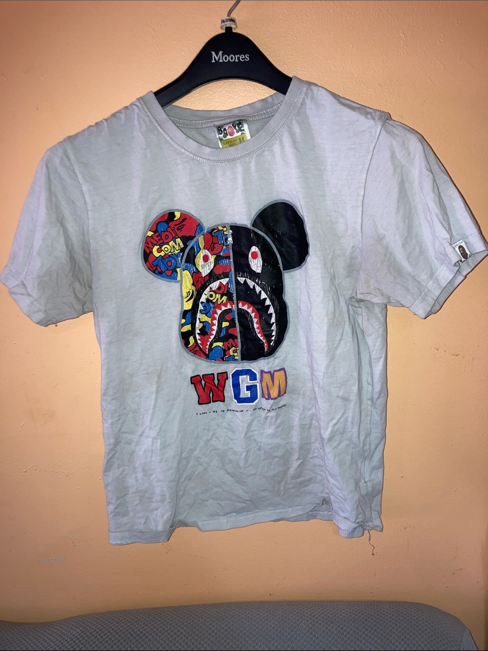 Bape mens White Graphic Tee with Colorful Cartoon Shark Bear Patch - WGM